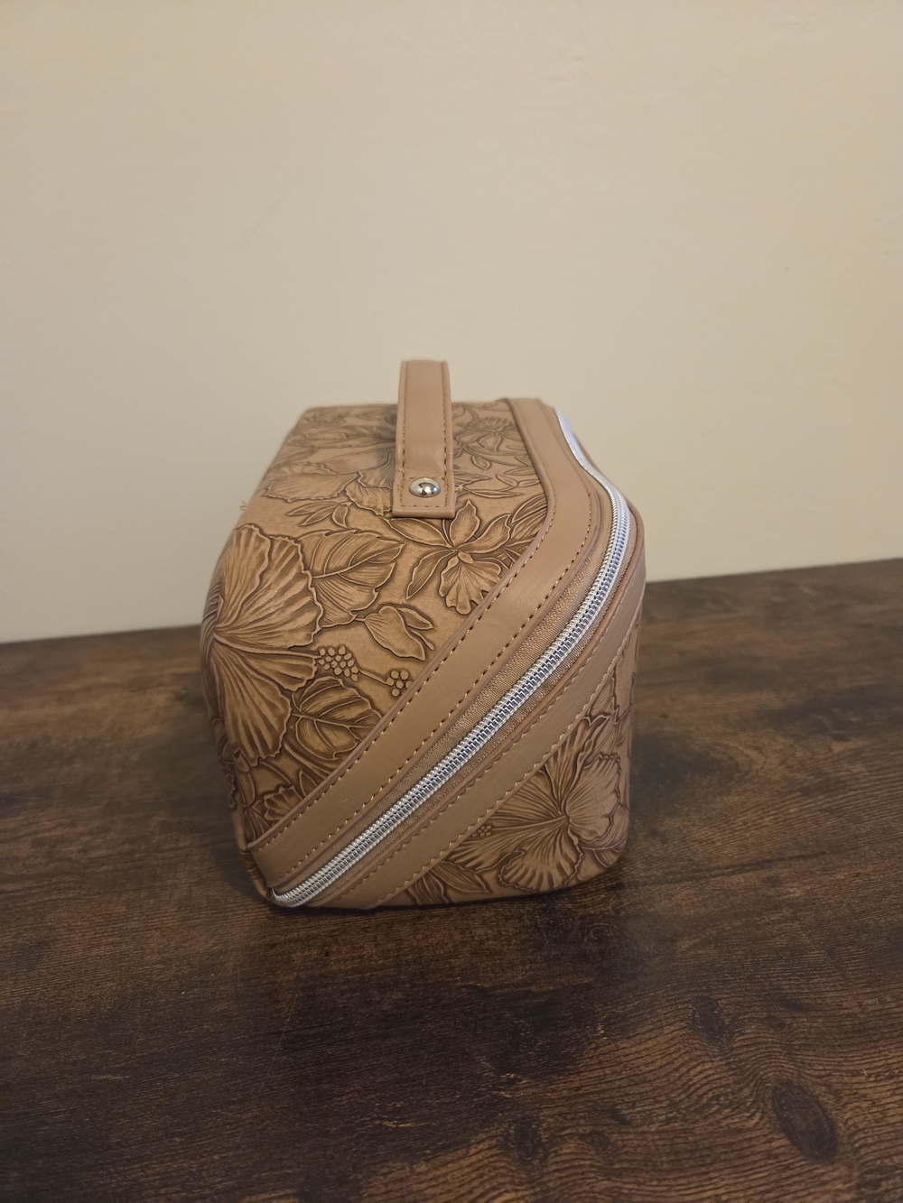 Embossed Floral Top-Handle Cosmetic Case in Tan - Picture 3 of 6
